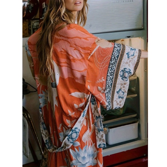 Orange Crane and Floral Print Long Kimono with Belt - Picture 4 of 5